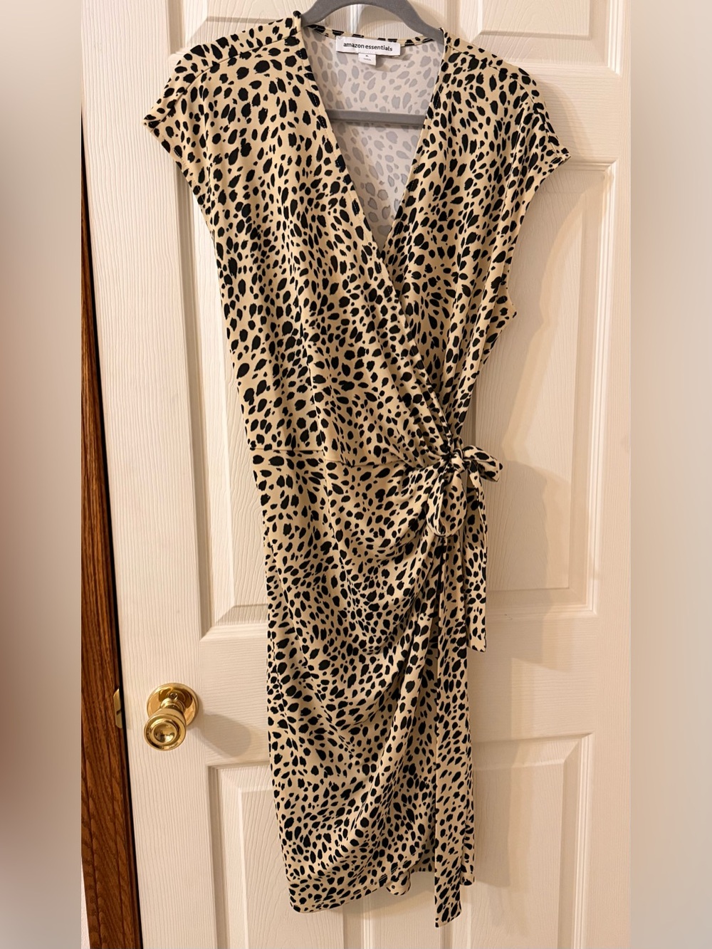 Amazon Essentials Beige Midi Wrap Dress with Black Spot Print